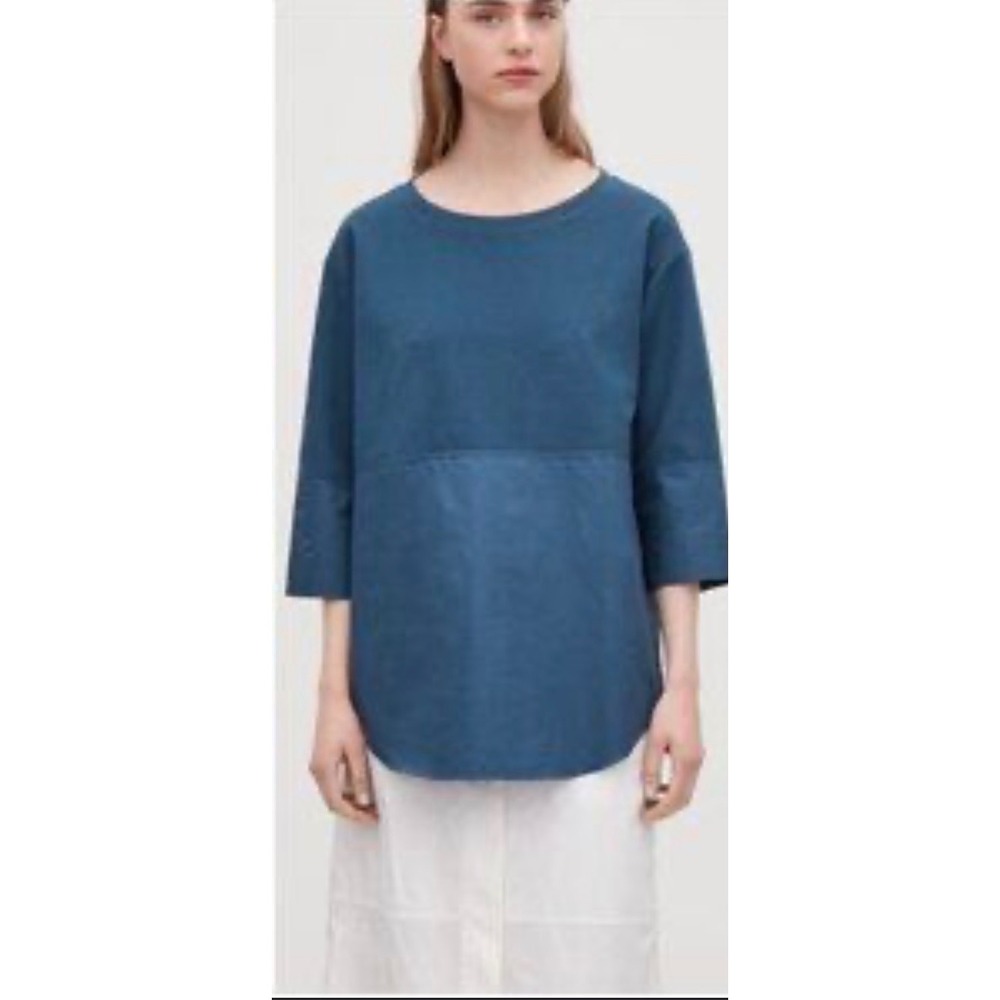COS Womens Blue Mixed Media Paneled 3/4 Sleeve oversized Top Size S Small